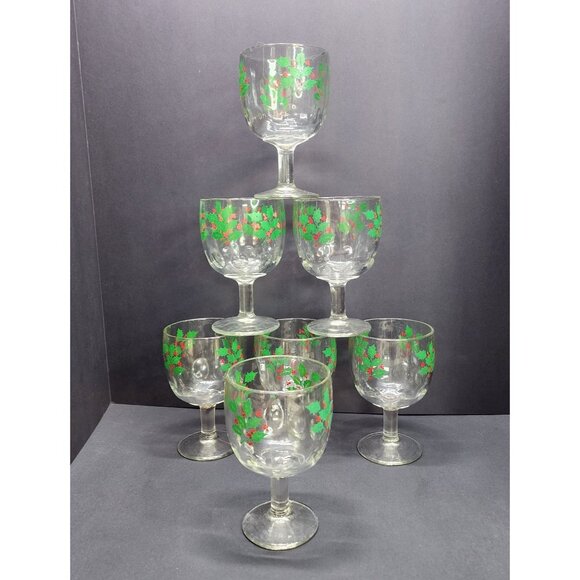 Vintage Libbey Christmas Holly Berry Water Goblets Holiday - Set Of 7 - Picture 1 of 8